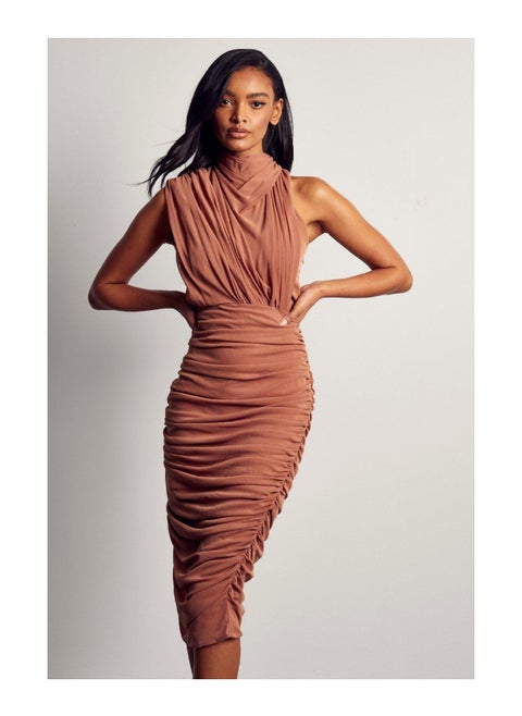 Premium Mesh Ruched Asymmetric Midi Dress