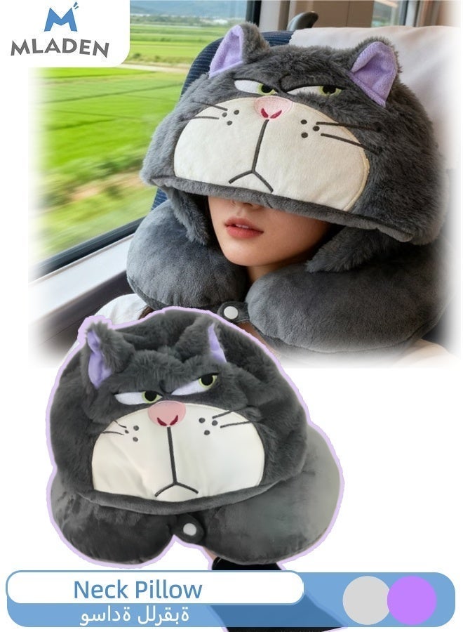 MLADEN Travel Neck Pillow, Cute Cat-Shaped Hooded Pillow with Adjustable Hood, Soft Plush Portable Travel Accessory for Plane, Car, Train, Bus – Cozy Sleep Support - Image 1