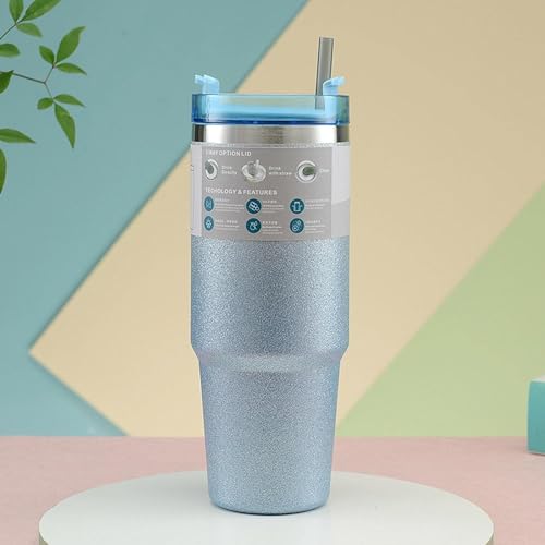 Home-Cloud HomeCloud Travel Mug - 30 oz / 890 ml Double Wall Insulated Tumbler with Straw | Premium Steel Coffee Mug for Hot & Cold Drinks | Leak-Proof Design (Shimmer_Blue) - Image 2