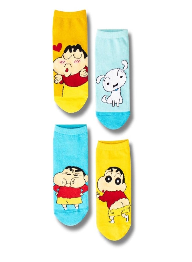 THELA GAADI Shinchan Socks - Pure Cotton Printed Funky Socks for Men & Women | Low Cut Ankle Length Socks | Odour Free & Beathable, Free Size | Pack of 4, Shinchan Mood, Free Size - Image 1