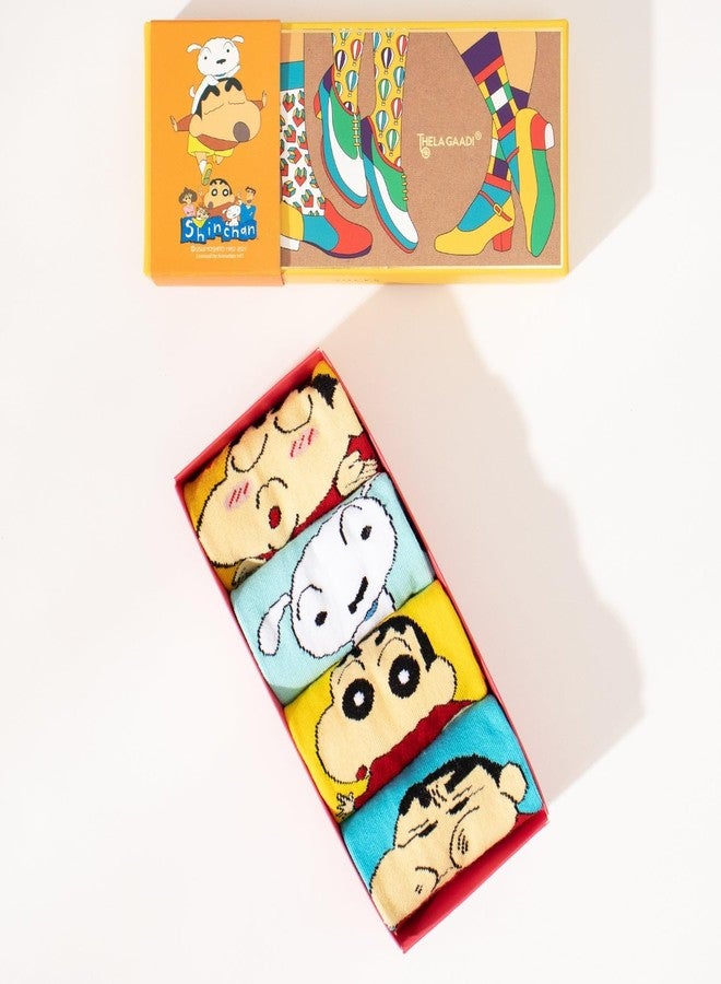 THELA GAADI Shinchan Socks - Pure Cotton Printed Funky Socks for Men & Women | Low Cut Ankle Length Socks | Odour Free & Beathable, Free Size | Pack of 4, Shinchan Mood, Free Size - Image 4