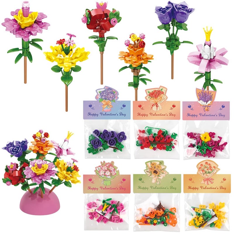Deerher Valentines Day Gifts for Kids - 24 Pack Prepacked Valentine's Day Cards with Flower Building Blocks Crafts for School Classroom Class Party Favor, Valentines Craft Exchange for Boys Girls Teens - Image 1