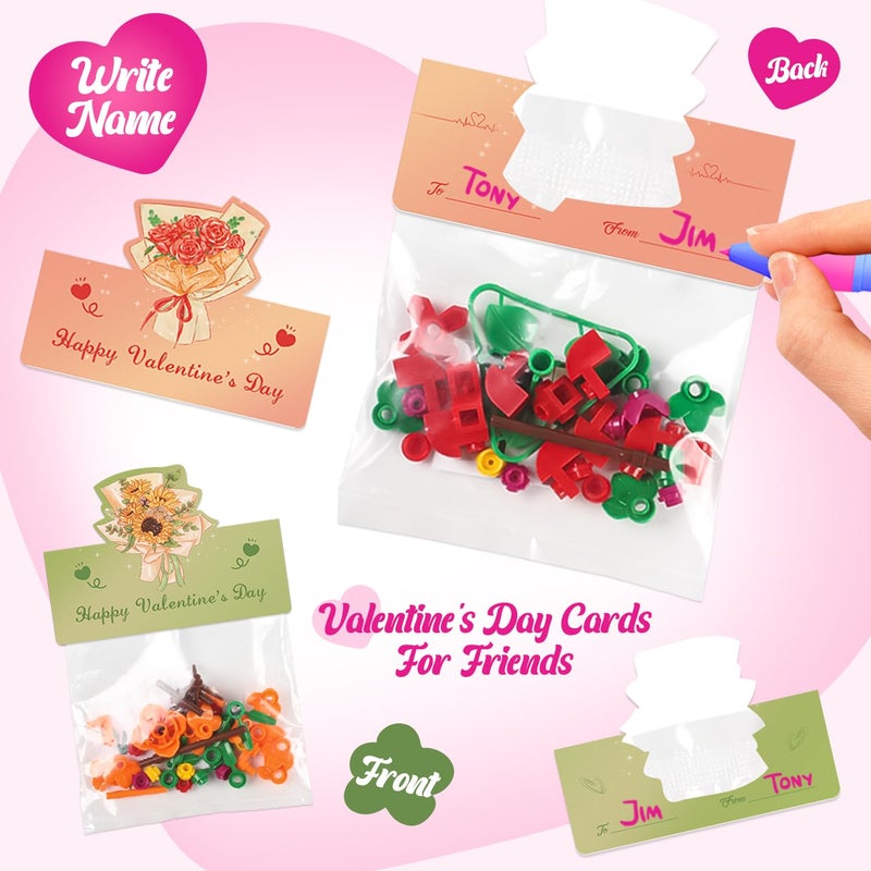 Deerher Valentines Day Gifts for Kids - 24 Pack Prepacked Valentine's Day Cards with Flower Building Blocks Crafts for School Classroom Class Party Favor, Valentines Craft Exchange for Boys Girls Teens - Image 4