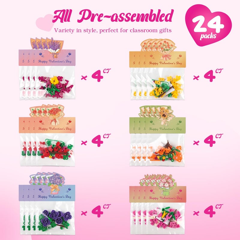 Deerher Valentines Day Gifts for Kids - 24 Pack Prepacked Valentine's Day Cards with Flower Building Blocks Crafts for School Classroom Class Party Favor, Valentines Craft Exchange for Boys Girls Teens - Image 2