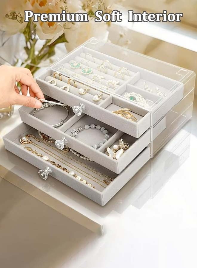 ثمانية فيبيهاوس منظمات اكسسوارات صندوق مجوهرات أكريليك ثلاثي الطبقات تنظيمات اكسسوارات، منظمات مجوهرات منظم مجوهرات شفاف للأقراط للنساء دولاب مجوهرات، مقسم اكسسوارات صناديق تخزين مجوهرات متعددة الاستخدامات ومنظمات للأقراط والخواتم والقلائد والأساور صندوق مجوهرات (رمادي منظم المجوهرات) - Image 5