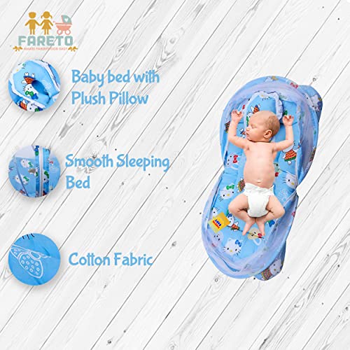 FARETO New Born Baby Gift Pack Teddy Print Mattress with Mosquito Net & Sleeping Bag Combo (Blue) - Image 3