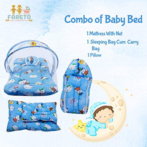 FARETO New Born Baby Gift Pack Teddy Print Mattress with Mosquito Net & Sleeping Bag Combo (Blue) - Image 2