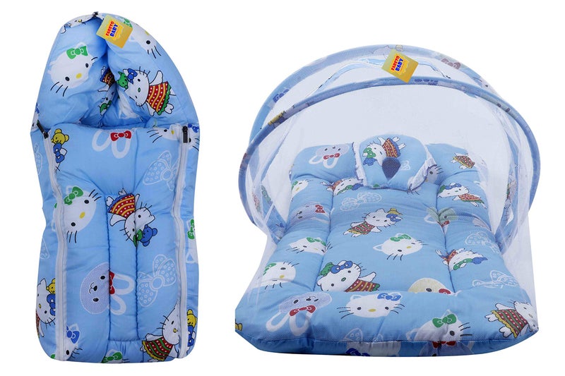 FARETO New Born Baby Gift Pack Teddy Print Mattress with Mosquito Net & Sleeping Bag Combo (Blue) - Image 1