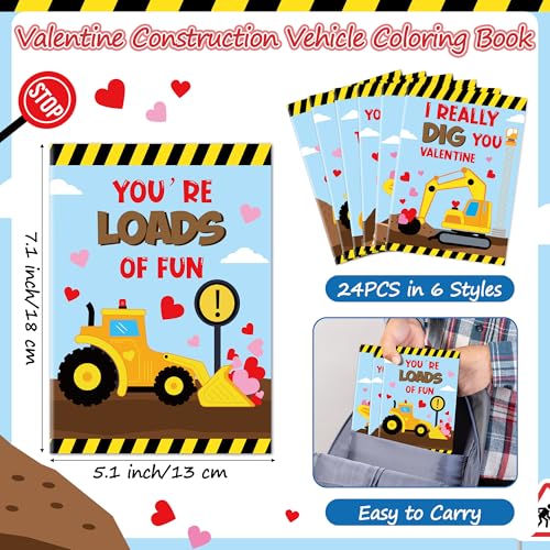 JAPBOR Valentines Day Coloring Book 24PCS Mini Valentine Construction Vehicle Color Books Bulk for Kids Party Favor Excavator Truck Small Colouring Page for Birthday Gifts Class Drawing Paint Game - Image 5