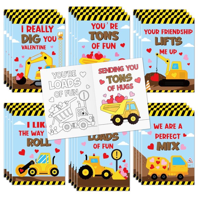 JAPBOR Valentines Day Coloring Book 24PCS Mini Valentine Construction Vehicle Color Books Bulk for Kids Party Favor Excavator Truck Small Colouring Page for Birthday Gifts Class Drawing Paint Game - Image 3