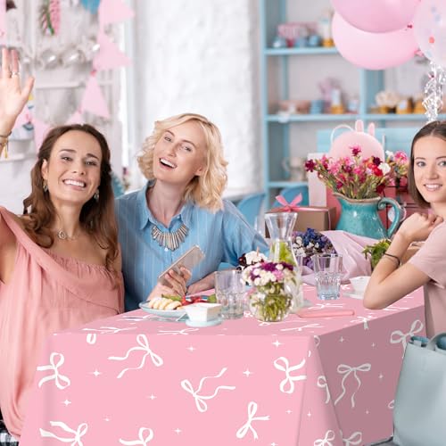 KEASKELL 2Pcs Coquette Party Tablecloths Decorations,Pink and White Bow Plastic Table Cover Disposable Rectangle Table Cloth for Girls Birthday Bridal Wedding Baby Shower Party Supplies,54x108 Inch - Image 5