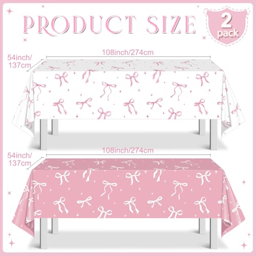 KEASKELL 2Pcs Coquette Party Tablecloths Decorations,Pink and White Bow Plastic Table Cover Disposable Rectangle Table Cloth for Girls Birthday Bridal Wedding Baby Shower Party Supplies,54x108 Inch - Image 2