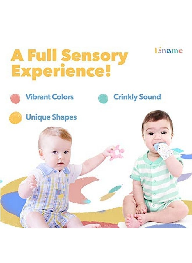 Liname 2 Pack Teething Mitten with Soothing Toy - Baby Chew Toy and Teething Glove- Infant Teething Mitten Crinkle Sound and Textured Silicone to Soothe Sore and Swollen Gums - Image 1