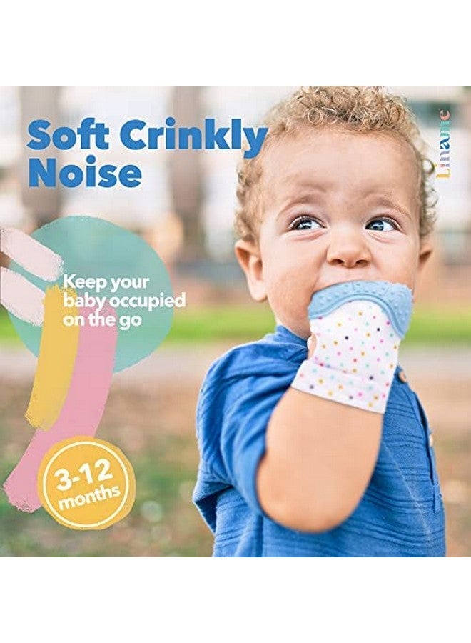 Liname 2 Pack Teething Mitten with Soothing Toy - Baby Chew Toy and Teething Glove- Infant Teething Mitten Crinkle Sound and Textured Silicone to Soothe Sore and Swollen Gums - Image 2