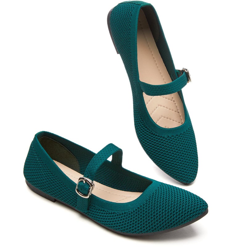 BABUDOG Mesh Ballet Flats for Women,Women's Mary Jane Flats with Buckle Strap,Black Nude Foldable Flats Shoes for Women,Comfortable Dress Shoes(Green.US8) - Image 1
