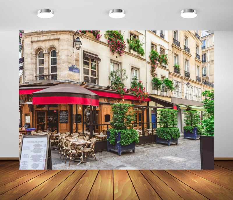 BELECO 7x5ft Fabric Paris Street Cafe Backdrop for Photography Parisian Street with Tables of Brasserie Cafe Restaurant Background Paris Theme Party Decorations France Travel Photoshoot Studio Props - Image 2