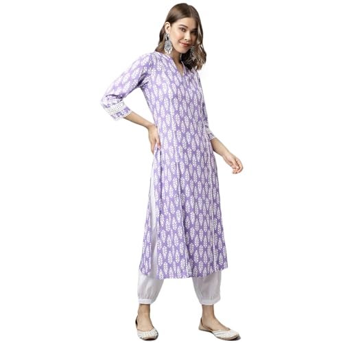 FIORRA Women's Light Purple Cotton A-Line Kurta with Pant SET0098 - Image 3