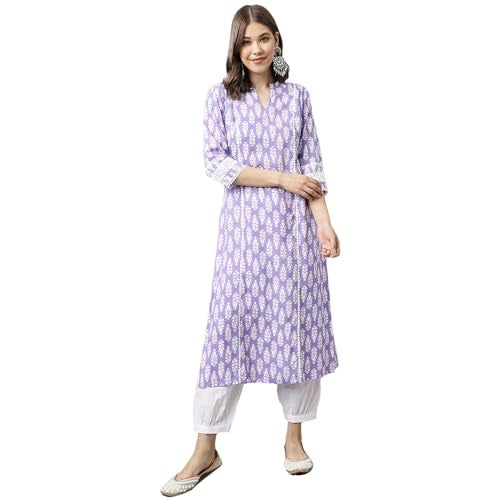 FIORRA Women's Light Purple Cotton A-Line Kurta with Pant SET0098 - Image 1
