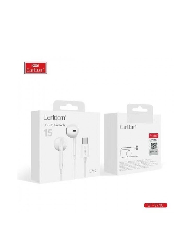 أيرلدوم سماعات أذن سلكية من نوع C من Earldom ET-E74C مزودة بميكروفون مدمج، وتصميم داخل الأذن، وتحكم في مستوى الصوت والموسيقى، ونطاق تردد 20 هرتز - 20 كيلو هرتز - أبيض - Image 3