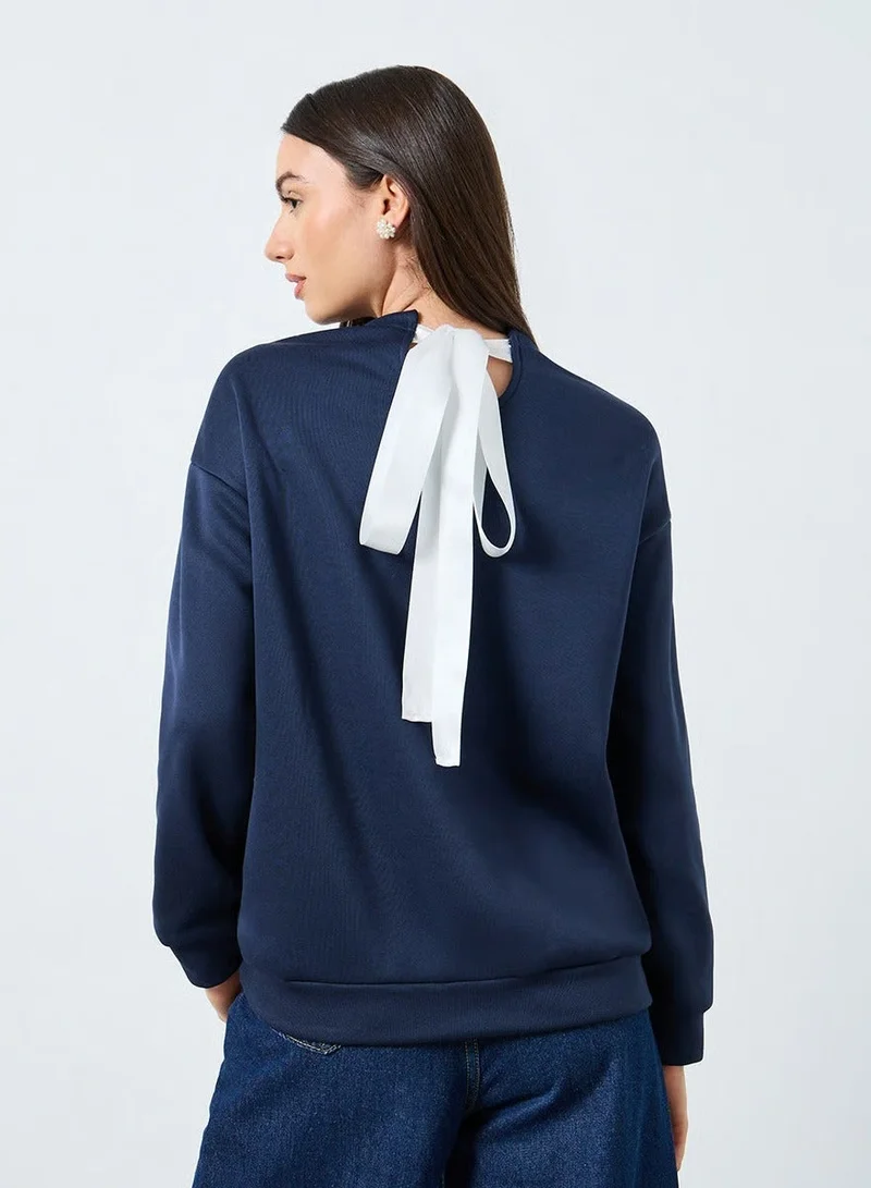 Styli Navy Blue Sweatshirt with Ribbon Tie