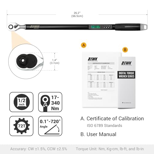 EWK 1/2" Drive Digital Torque Wrench 12.5-250 ft-lbs (17-340 Nm) with Angle, LED Display & Audible Buzzer Alert, Auto and Motorcycle Repairs - Image 2