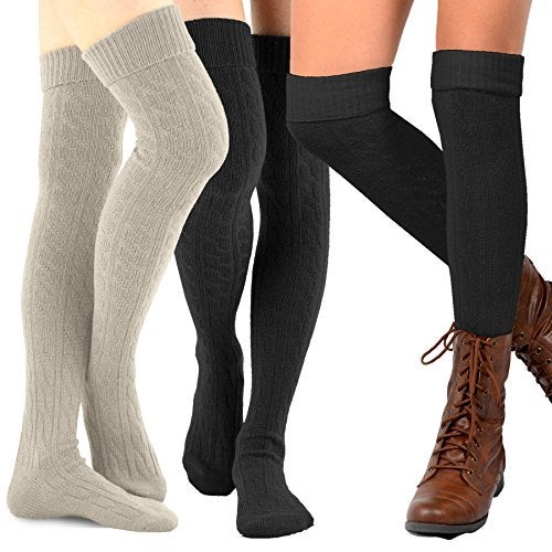 TeeHee Socks Cute Cable Cuff Crochet Fashion Over the Knee High Socks for Women & Girls 3 Pair (Bright Combo) - Image 1