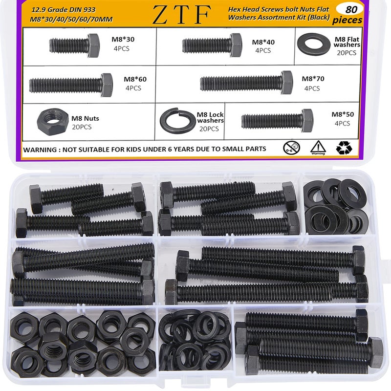 ZTF 80Pcs m8 x 1.25 Bolt Metric Nuts and Bolts Assortment 30mm, 40mm, 50mm, 60mm, 70mm, 20 Sets Black Full Thread Hex Head Bolts and Nuts Kit M8, 12.9 Grade Alloy Steel with Flat and Lock Washers - Image 1