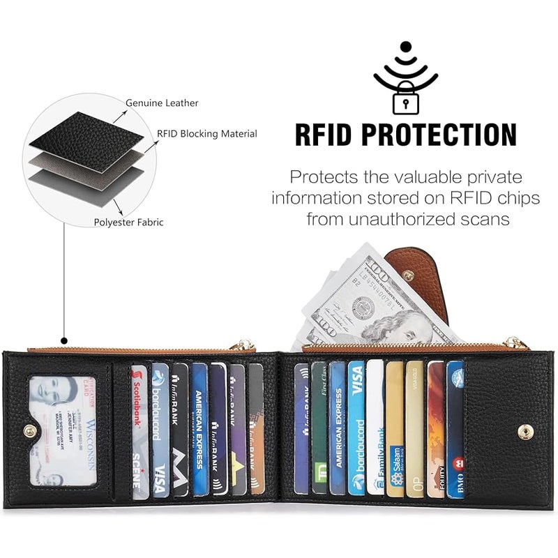 Bostanten Leather Wallets for Women Large RFID Blocking Slim Bifold Purse Card Holder with Zipper Pocket Black＆Brown - Image 5
