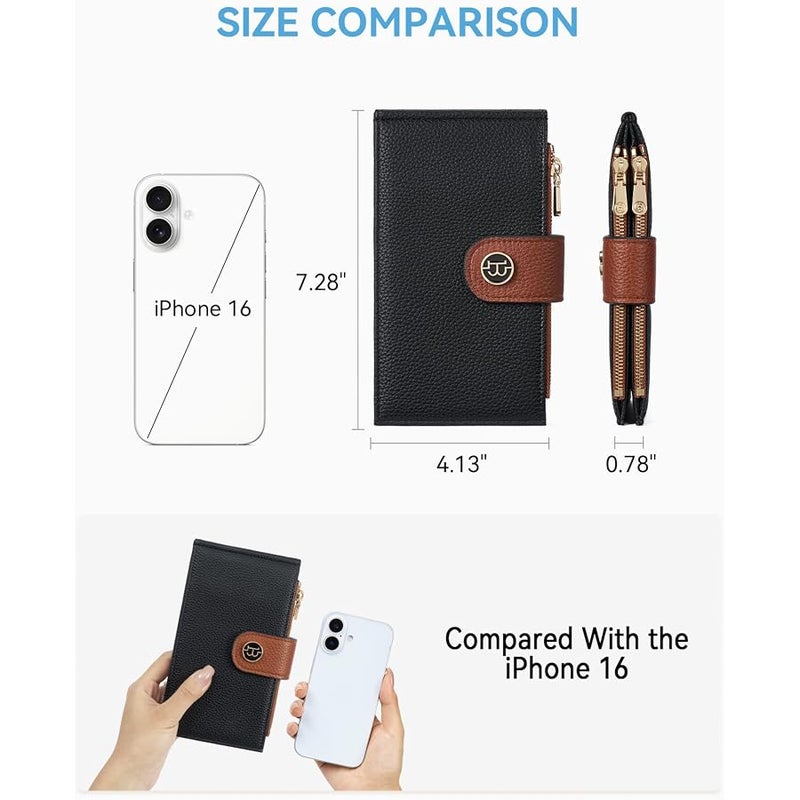 Bostanten Leather Wallets for Women Large RFID Blocking Slim Bifold Purse Card Holder with Zipper Pocket Black＆Brown - Image 2