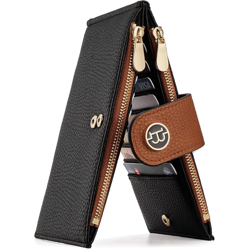 Bostanten Leather Wallets for Women Large RFID Blocking Slim Bifold Purse Card Holder with Zipper Pocket Black＆Brown - Image 1