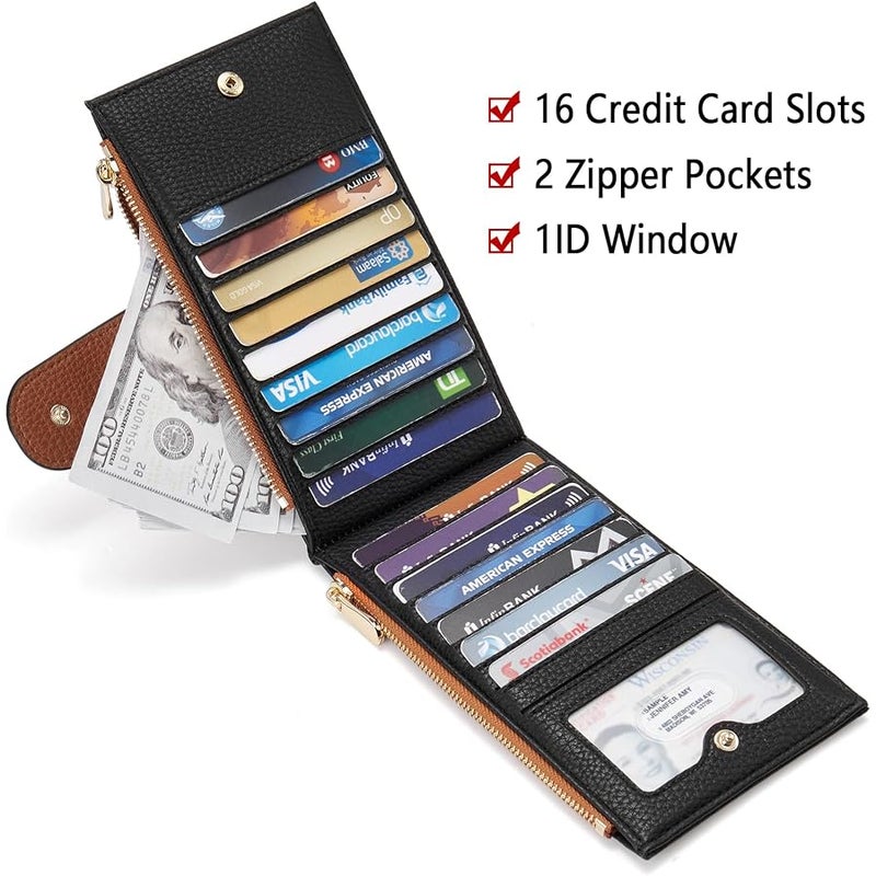 Bostanten Leather Wallets for Women Large RFID Blocking Slim Bifold Purse Card Holder with Zipper Pocket Black＆Brown - Image 3