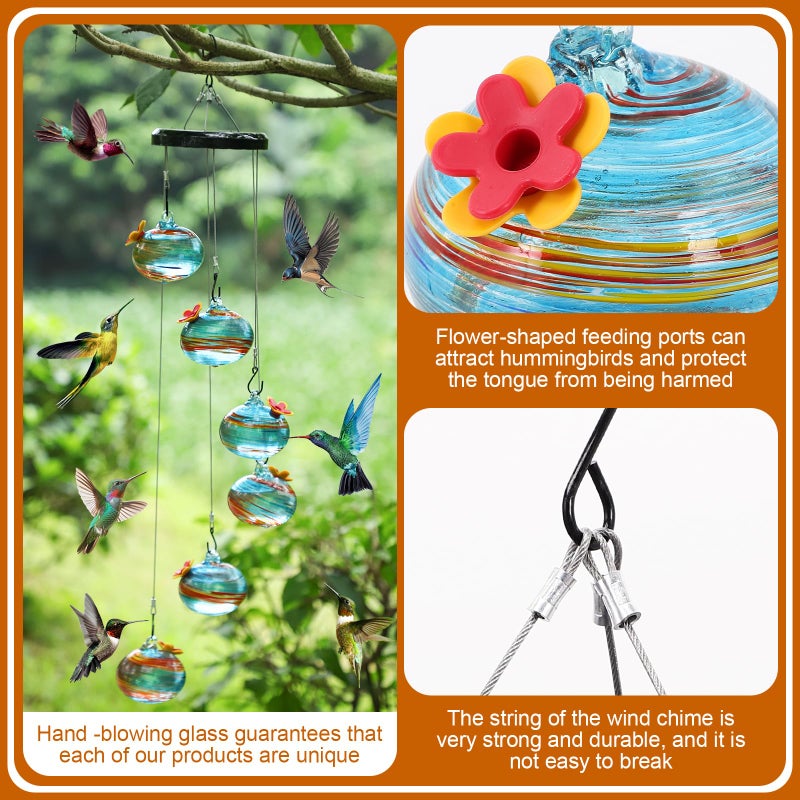 Hanging Hummingbird Feeder: 6pcs Hand Blown Glass - Ant Proof Bee Proof Decorative Hummingbird Feeder for Outdoor Garden Patio Decor - Image 4