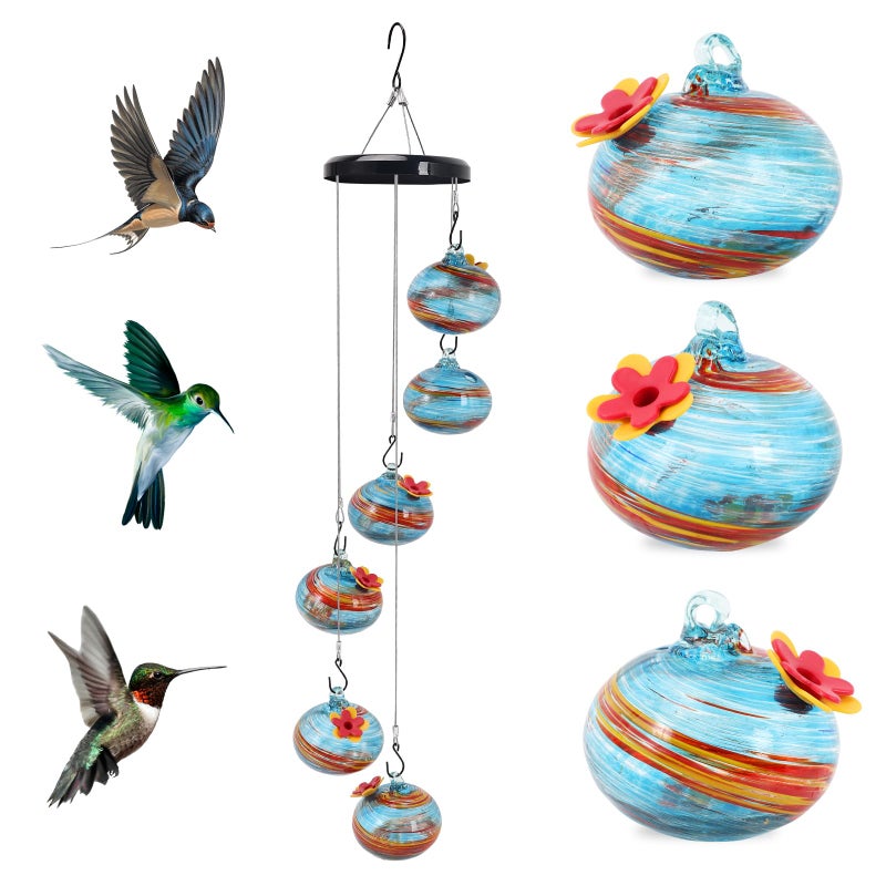 Hanging Hummingbird Feeder: 6pcs Hand Blown Glass - Ant Proof Bee Proof Decorative Hummingbird Feeder for Outdoor Garden Patio Decor - Image 1