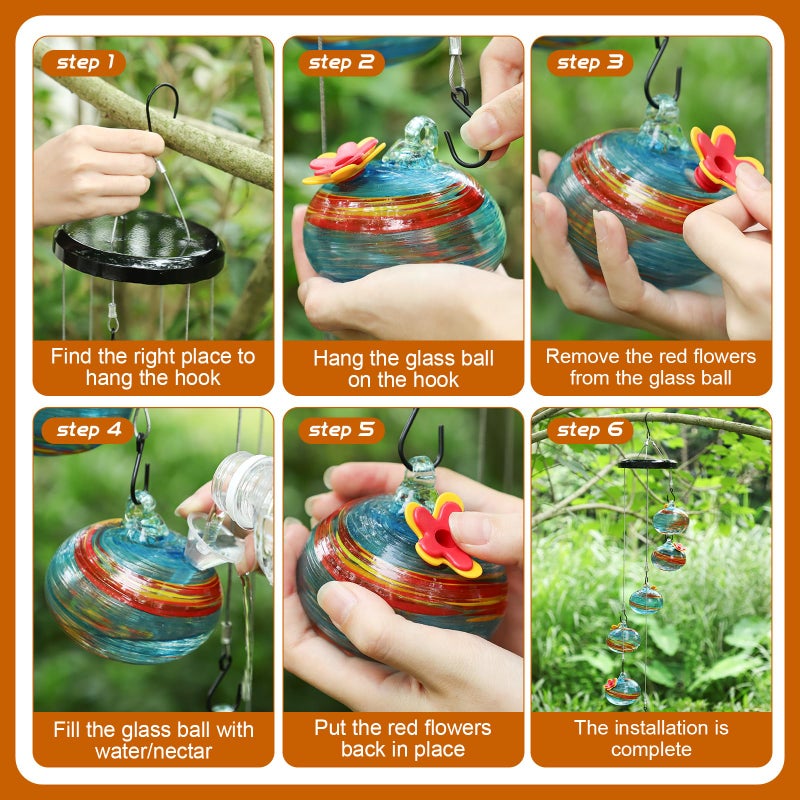 Hanging Hummingbird Feeder: 6pcs Hand Blown Glass - Ant Proof Bee Proof Decorative Hummingbird Feeder for Outdoor Garden Patio Decor - Image 3