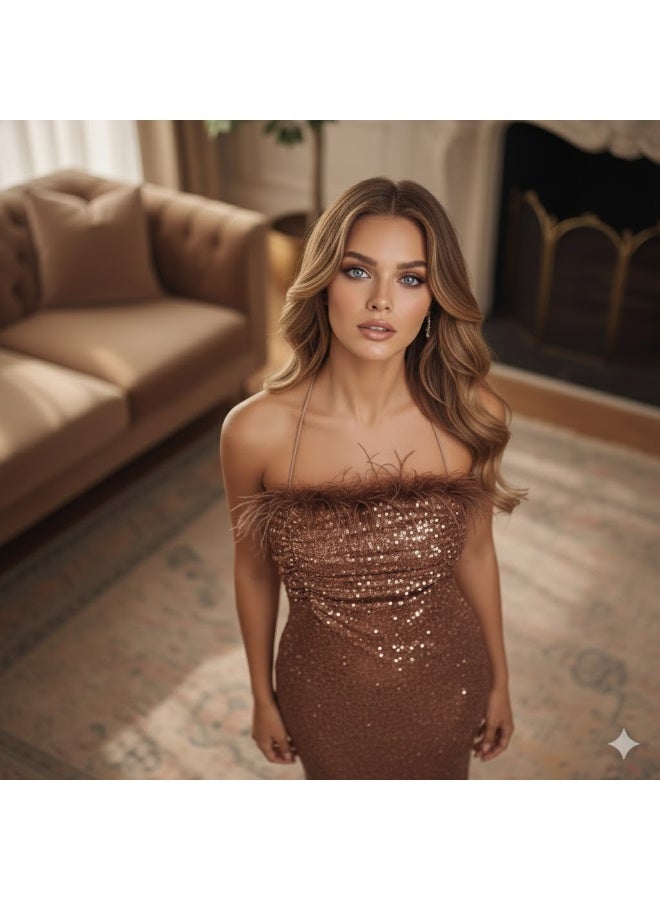 FULL JOY A Maxi Flowing Evening Dress with Straight Cut, Sleeveless, Featuring Striking Sequins and Pleats on Natural Feathers at the Bodice. - Image 5