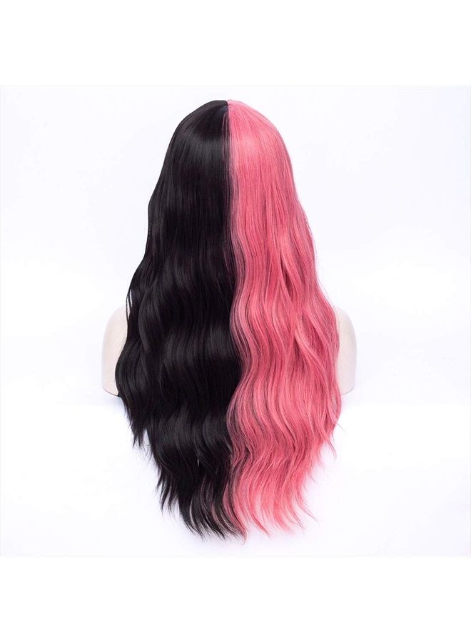 MORTICIA باروكة ميلاني مارتينيز الطويلة الفضفاضة المتموجة نصف وردية ونصف سوداء مع غرة كاملة - Image 5