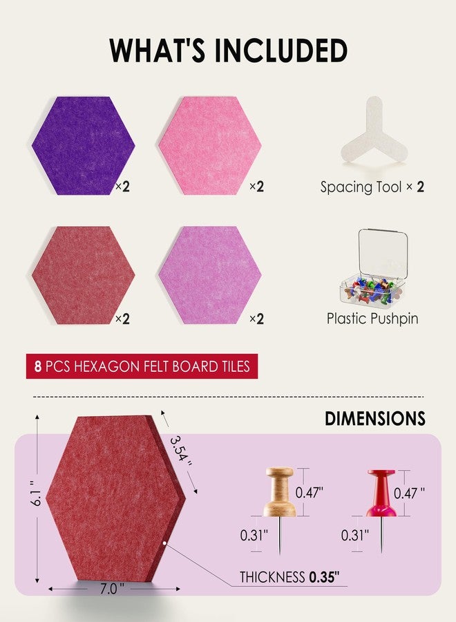 ماكسجير مجموعة ماكس جير المكونة من 8 قطع من بلاط الفلين سداسي الشكل المصنوع من اللباد، بتدرج لوني بنفسجي، لوحة إعلانات ذاتية اللصق يمكنك صنعها بنفسك، لوحة دبابيس للمكتب أو المدرسة أو المنزل، ملصقات لتزيين الجدران، عرض الصور والمذكرات - Image 4