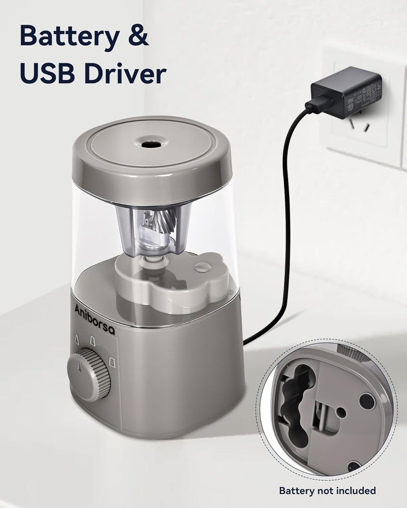 مبراة أقلام كهربائية، شفرة حلزونية أوتوماتيكية، تعمل بالبطارية أو كابل USB، قابلة لضبط الحدة لأقلام 6-8 مم، للفصول الدراسية، المدرسة، المكتب، المنزل، رمادي - Image 3