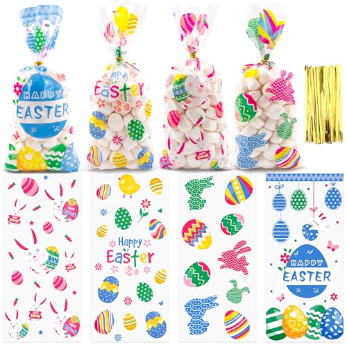Lxzyu Easter Cellophane Treat Bags, Easter Gift Bags, Easter Goodie Bags, Plastic Clear Cello Colorful Eggs Bunny Easters Candy Cookies Goody Snack Bag with Ties for Easte Party Favors Supplies, 50 Pcs - Image 1