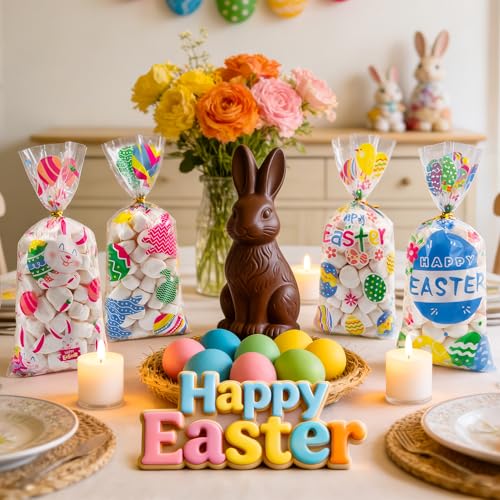 Lxzyu Easter Cellophane Treat Bags, Easter Gift Bags, Easter Goodie Bags, Plastic Clear Cello Colorful Eggs Bunny Easters Candy Cookies Goody Snack Bag with Ties for Easte Party Favors Supplies, 50 Pcs - Image 5