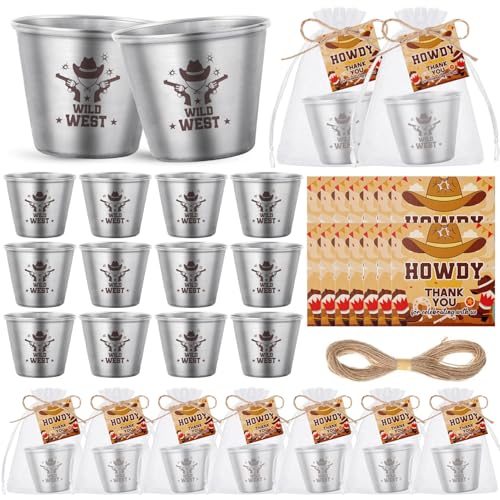 YumSur Western Themed Shot Glasses Set, Stainless Steel Cowboy Shot Glasses with Thank You Cards and Organza Bags, 24 pcs Cowboy Props Party Supplies - Image 1