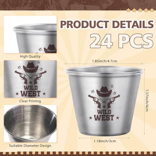 YumSur Western Themed Shot Glasses Set, Stainless Steel Cowboy Shot Glasses with Thank You Cards and Organza Bags, 24 pcs Cowboy Props Party Supplies - Image 2