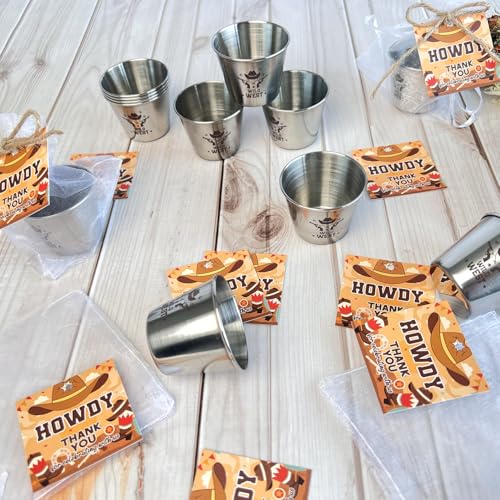YumSur Western Themed Shot Glasses Set, Stainless Steel Cowboy Shot Glasses with Thank You Cards and Organza Bags, 24 pcs Cowboy Props Party Supplies - Image 5