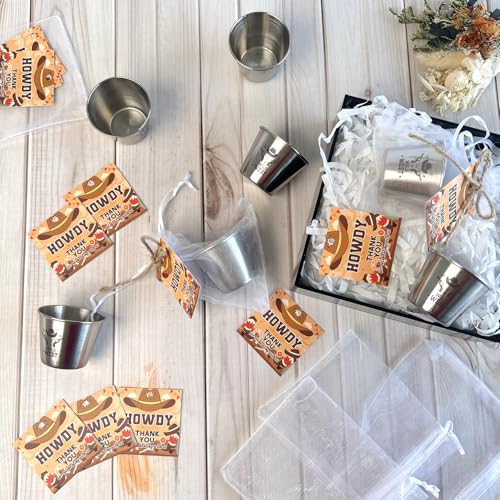 YumSur Western Themed Shot Glasses Set, Stainless Steel Cowboy Shot Glasses with Thank You Cards and Organza Bags, 24 pcs Cowboy Props Party Supplies - Image 4