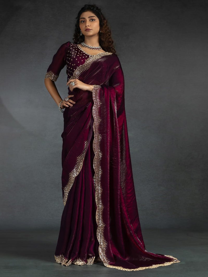 SAREE MALL Women's Purple Satin Silk Beads & Stones Saree With Unstitched Blouse Piece (MORPNKH1050A_MK) - Image 3