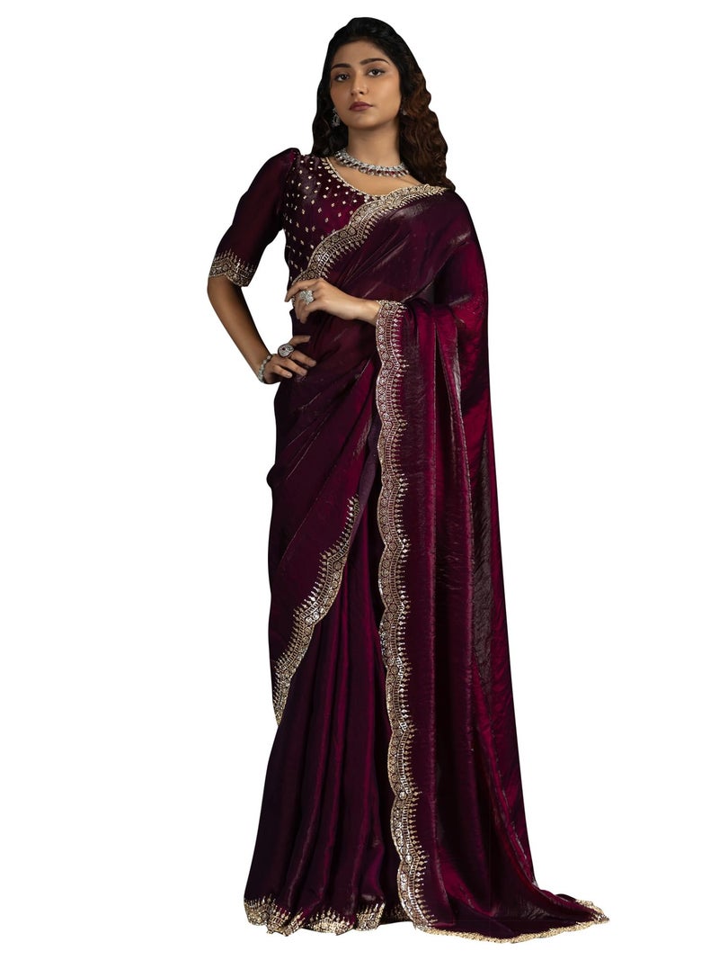 SAREE MALL Women's Purple Satin Silk Beads & Stones Saree With Unstitched Blouse Piece (MORPNKH1050A_MK) - Image 1