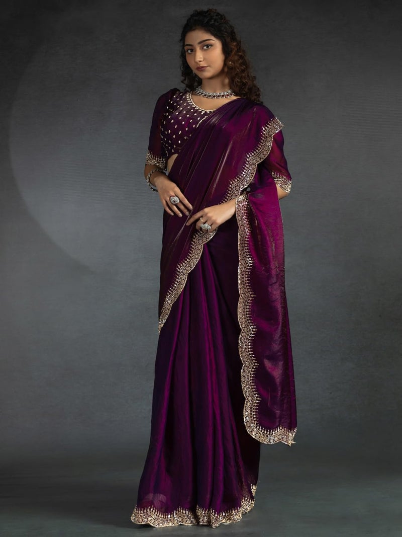 SAREE MALL Women's Purple Satin Silk Beads & Stones Saree With Unstitched Blouse Piece (MORPNKH1050A_MK) - Image 4