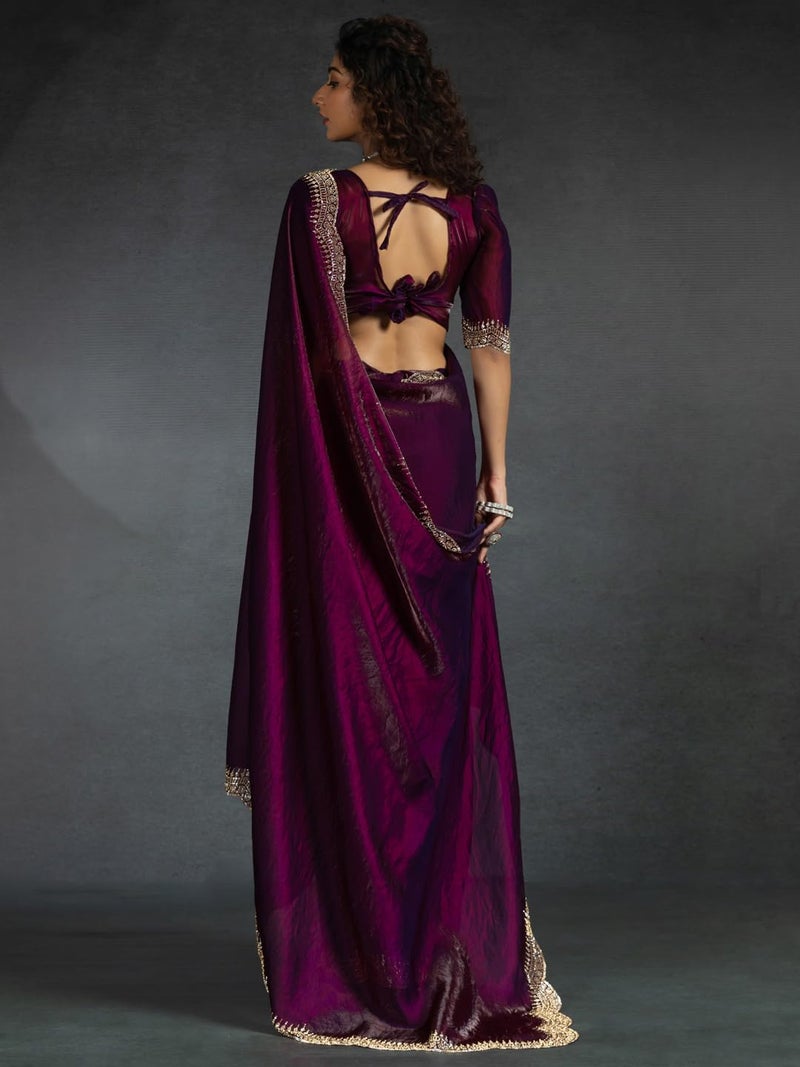 SAREE MALL Women's Purple Satin Silk Beads & Stones Saree With Unstitched Blouse Piece (MORPNKH1050A_MK) - Image 2