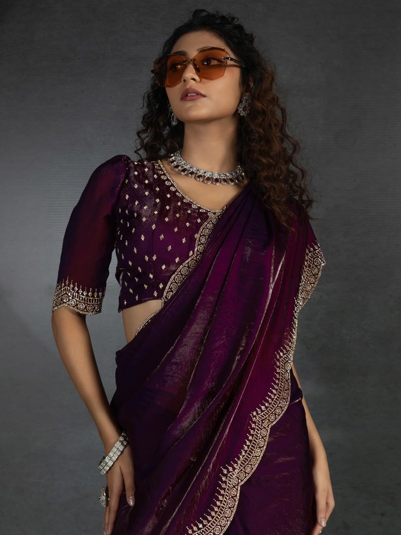 SAREE MALL Women's Purple Satin Silk Beads & Stones Saree With Unstitched Blouse Piece (MORPNKH1050A_MK) - Image 5