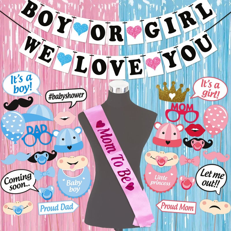 WOBBOX Baby Shower Combo of Party Props 30 Pcs with Blue & Pink Heart Boy Or Girl We Love You Banner, Mom to be Light Pink Sash, with Blue & Pink Foil Fringe, Baby Shower Decoration Item (Pack of 4) - Image 1